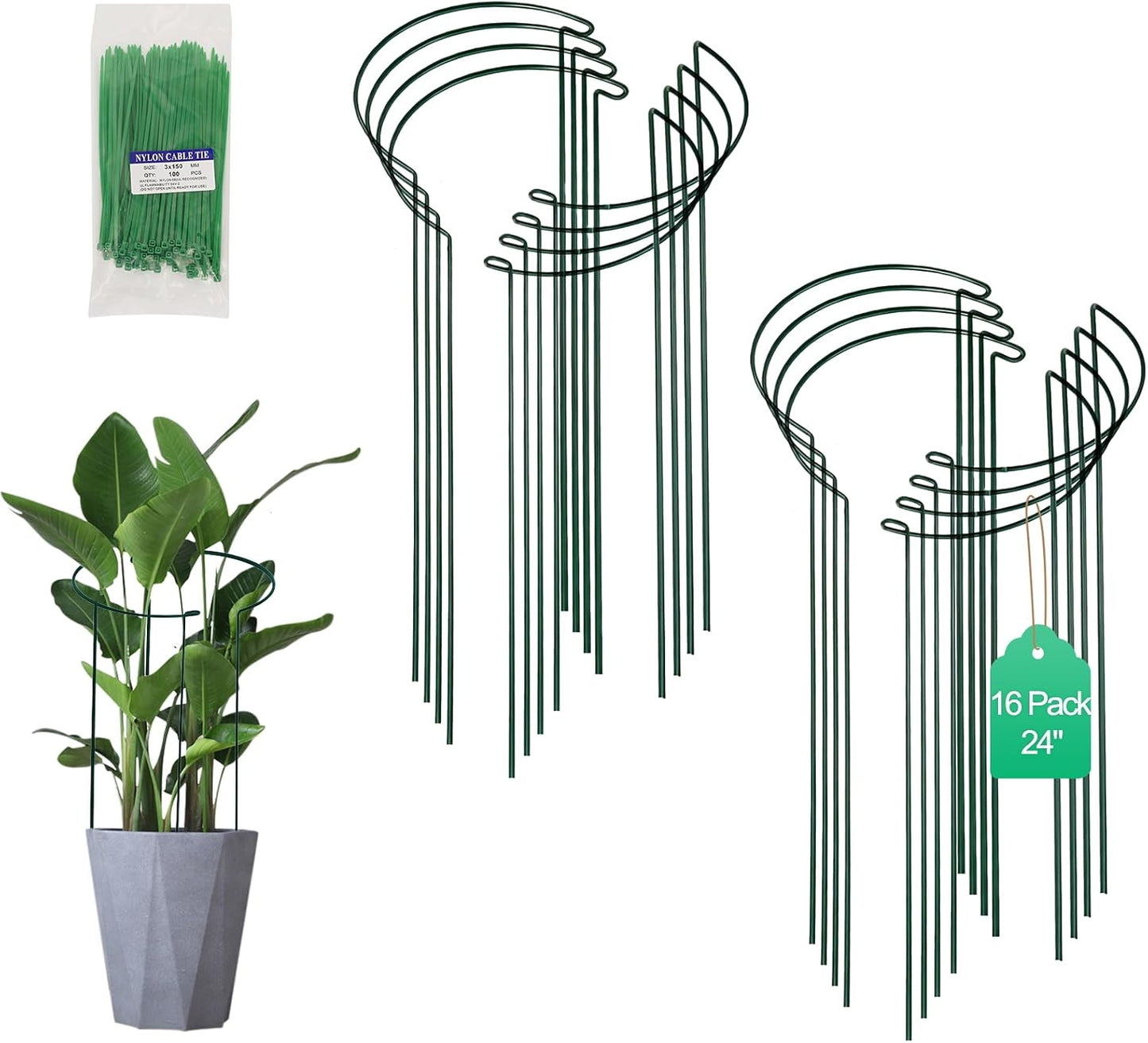Tall Heavy-Duty 30in Plant Support Stakes - 8 Pack Adjustable Peony Cages & Supports for Outdoor Plants, Half-Round Garden Stakes for Hydrangea, Roses with Extension Stakes