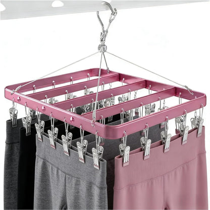 Pants Hangers Clothes Drying Racks Clip Hangers Metal with 36 Clips Windproof Underwear Hanger Foldable Laundry Clip for Jeans Yoga Leggings Trousers Socks Bras (Pink)