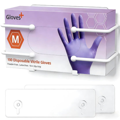 Adhesive Glove Box Holder Wall Mount, Metal Disposable Gloves Dispenser for Latex & Nitrile Boxes, No-Drill Tissue & Wipes Organizer for Kitchen, Lab, Bathroom, White