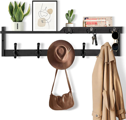 dreampossible Coat Rack Wall Mount with Shelf, Coat Hanger Wall Mount with Key Hooks and Mail Holder, Wood Entryway Floating Shelf with Hooks and Storage, Hat Rack for Wall Key Holder Mail Organizer