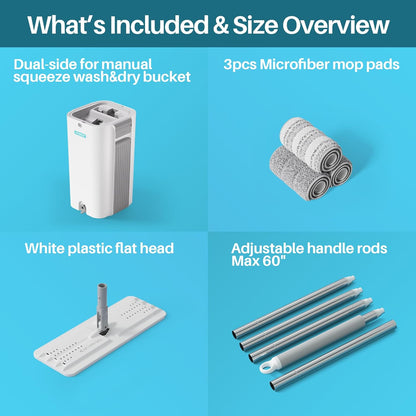 JOYMOOP Mop and Bucket Set, Flat Mops for Floor & Wall Cleaning, Commercial & Household Use, Hardwood Floor Mop with Long Handle & 4 Microfiber Pads