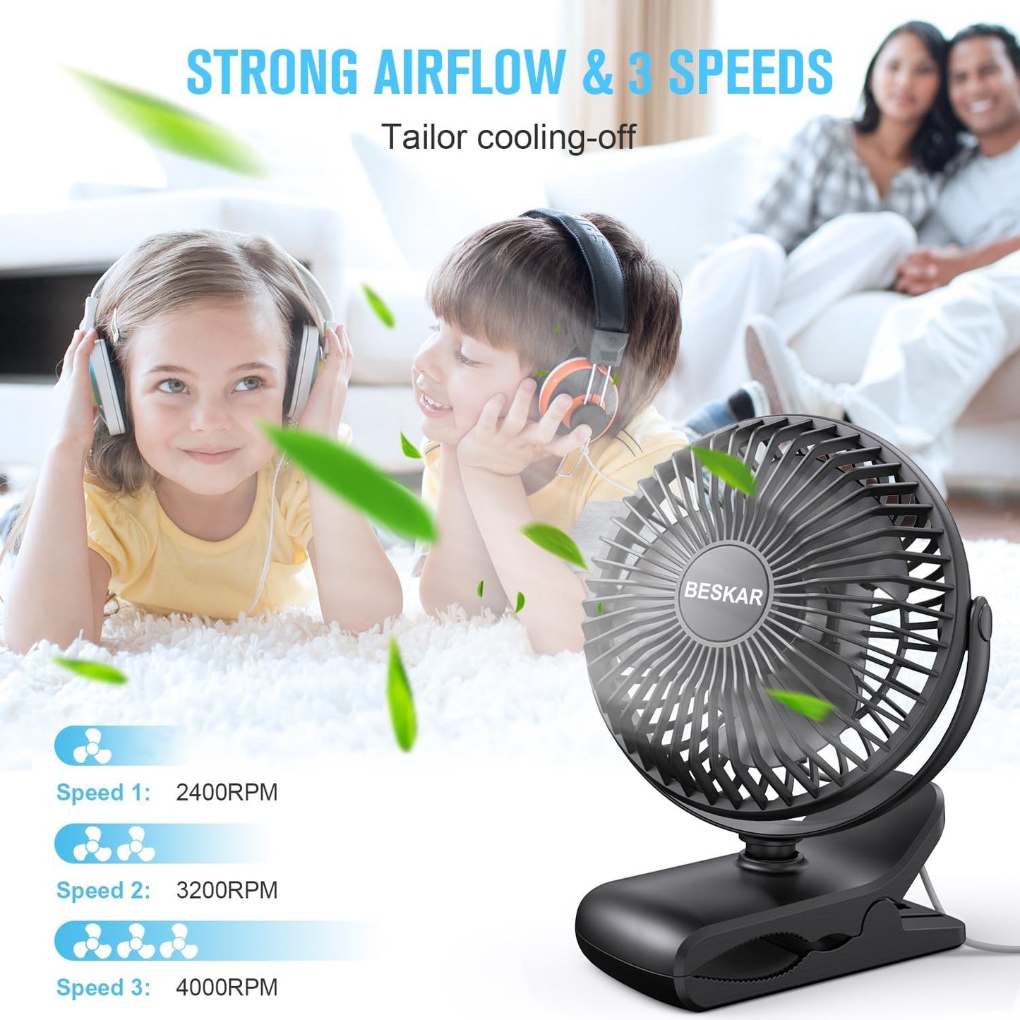BESKAR Clip on Fan, Portable Small Desk Fans with Strong Airflow, 3 Speeds with Personal Fans Sturdy Clamp, Quiet Desk Fan & Clip Fan with USB Cord Powered - No Battery