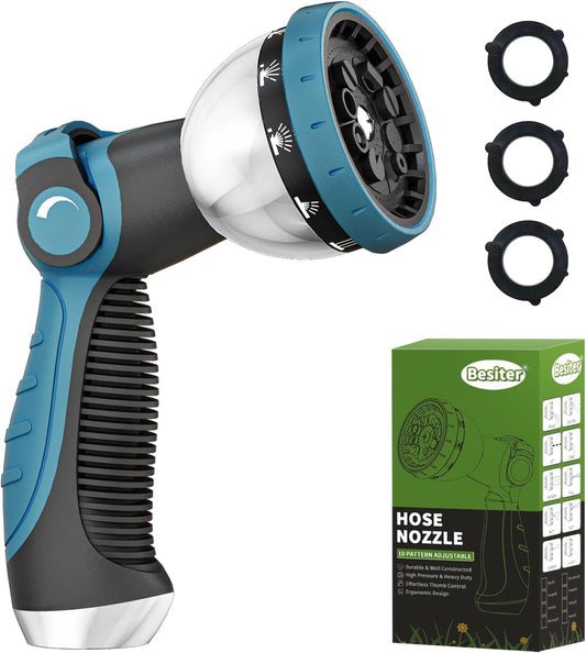 Besiter Garden Hose Nozzle Sprayer: 2 Pack 10 Watering Patterns Spray Nozzles Heavy Duty Metal Hose Head Hose Attachment, Thumb Control On Off Valve