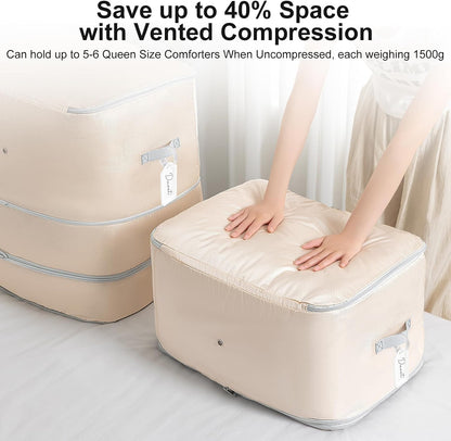 Comforter Storage Bag - Large Capacity Blanket Storage Bags 3-Layer Ultra Space Saving Self Compression Organizer, Washable Compression Bags for Storage Comforter Blanket, 2-Pack, Beige