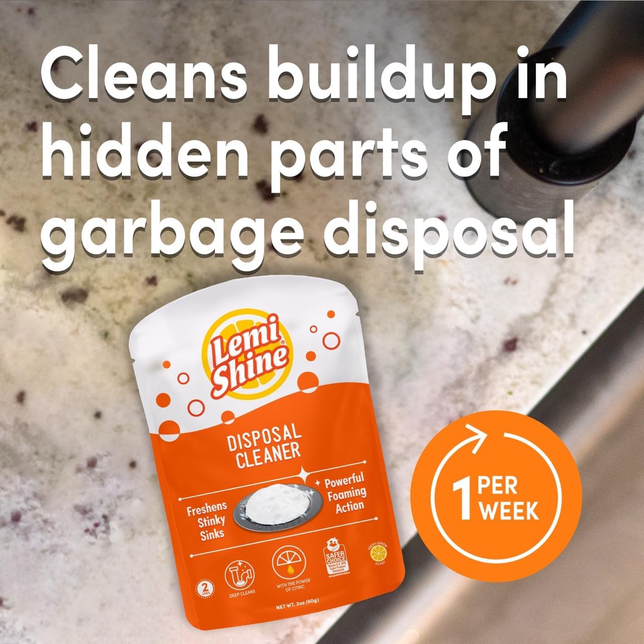Lemi Shine Garbage Disposal Cleaner and Deodorizer Powered By Citric Acid | Foam Cleaner For Kitchen Garbage Disposal with a Natural, Fresh Lemon Scent (2 Count)