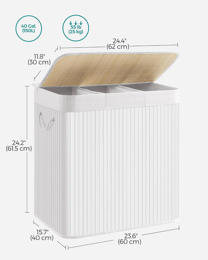 SONGMICS Laundry Hamper, 39.6 Gallons (150L), 3-Section Laundry Basket, Laundry Hamper with Lid, Bamboo, Foldable, Removable and Machine Washable Liner, for Laundry Room, Bedroom, White ULCB091W01