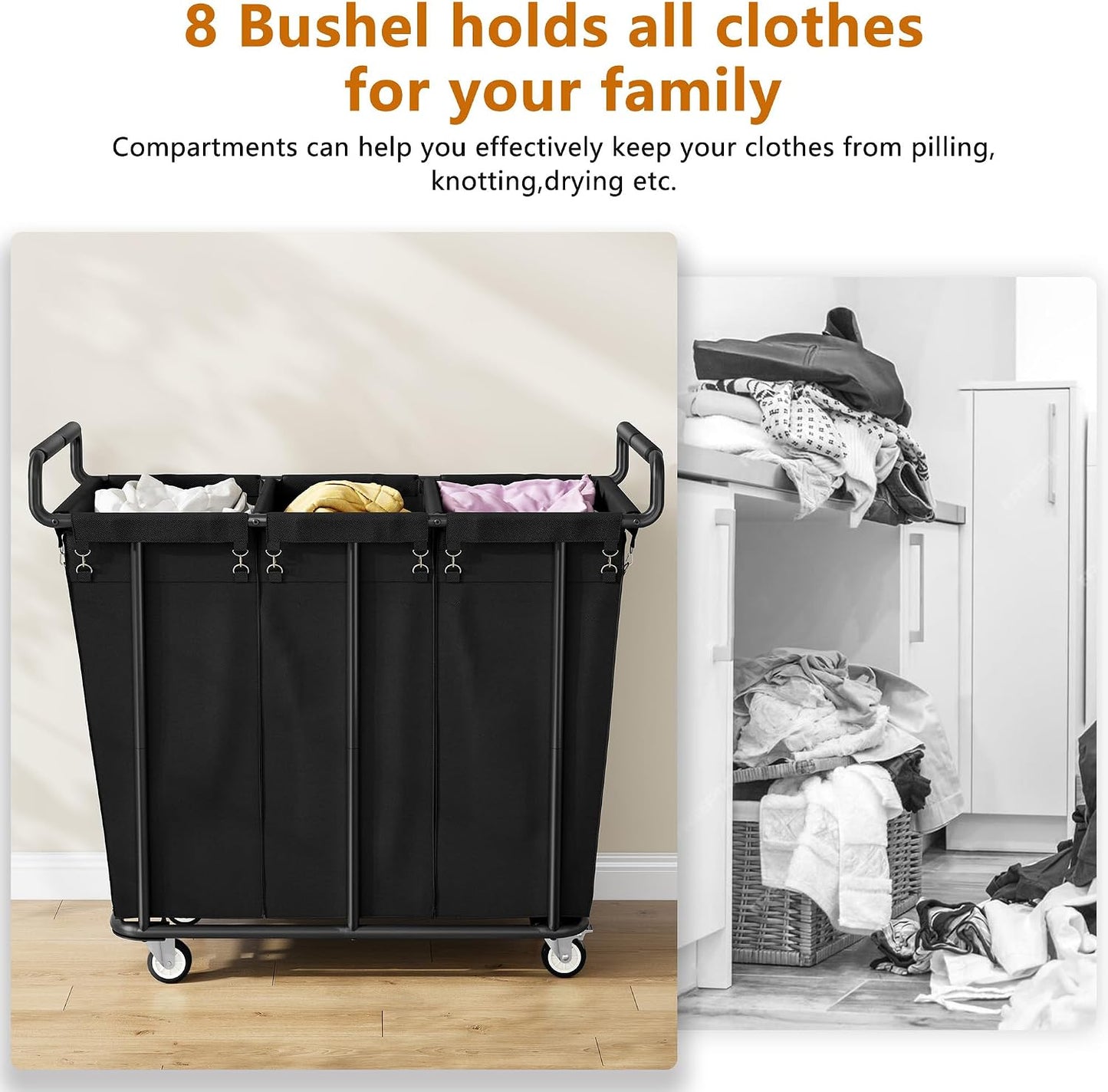 Gewudraw Large laundry hamper with Wheels, 3 Bag Big Rolling Laundry Hamper Sorter Cart, Extra Large Laundry Clothes Hamper, Heavy Duty Laundry Basket Organizer for Laundry Room,Bathroom,Black