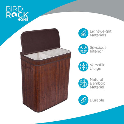 BirdRock Home Double Laundry Hamper with Lid and Cloth Liner | Bamboo | Espresso | Easily Transport Laundry Basket | 2 Section Collapsible Hamper | String Handles