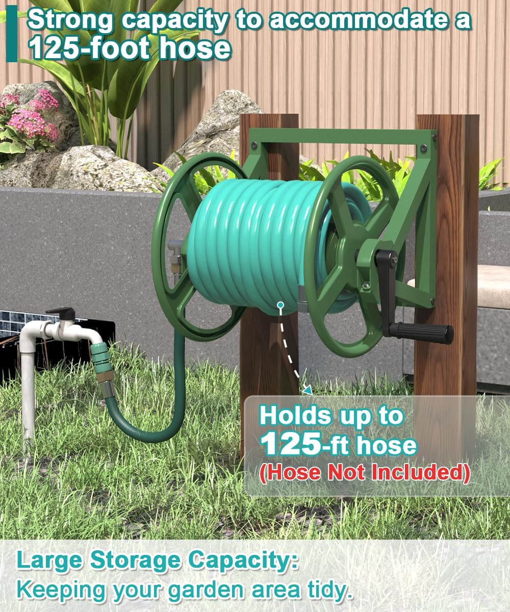 Artigarden Garden Hose Reel Wall Mounted, Outdoor Heavy Duty Powder Coated Metal Water Hoses Holder Winder Holds 125 ft 5/8" Hoses with 3.9ft Leader Hose, Stainless Steel Connector for Outside, Black