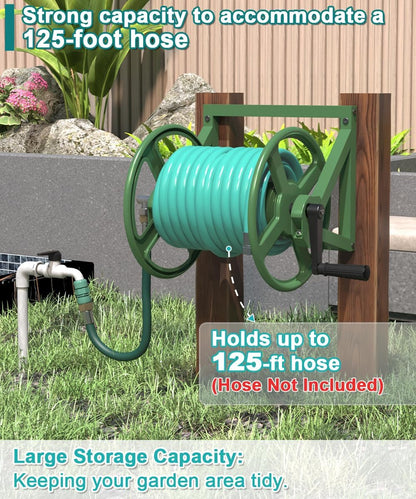 Artigarden Garden Hose Reel Wall Mounted, Outdoor Heavy Duty Powder Coated Metal Water Hoses Holder Winder Holds 125 ft 5/8" Hoses with 3.9ft Leader Hose, Stainless Steel Connector for Outside, Black