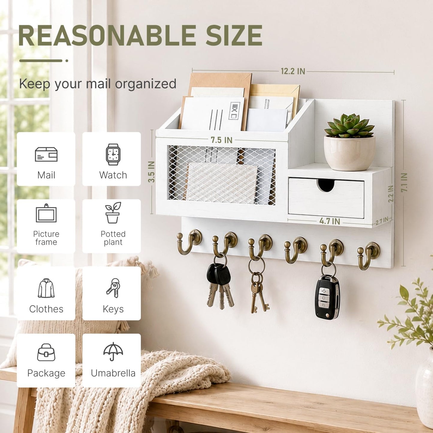 FifthQuarter Key Holder Wall Mount: Key and Mail Holder for Wall with 6 Hooks and Storage Drawer, Easy Installation Key Rack for Entryway Home Decor (A-White)