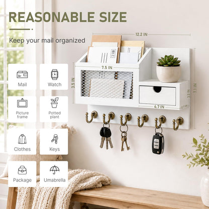 FifthQuarter Key Holder Wall Mount: Key and Mail Holder for Wall with 6 Hooks and Storage Drawer, Easy Installation Key Rack for Entryway Home Decor (A-White)