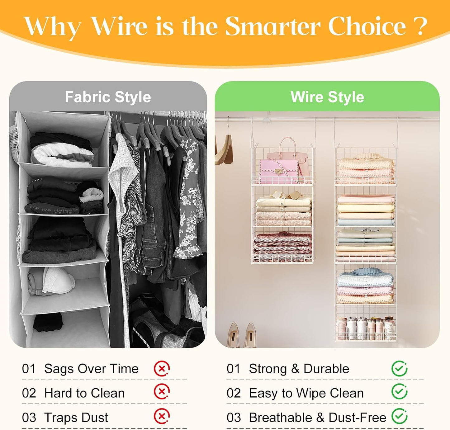 Yuyetuyo 5 Tier Closet Hanging Organizer and Storage Separable Hanging Closet Shelves with 4 Hooks 2 Adjustable Dividers, Wire Storage Basket Bins for Clothing Sweaters Socks Dolls Handbags, Foldable