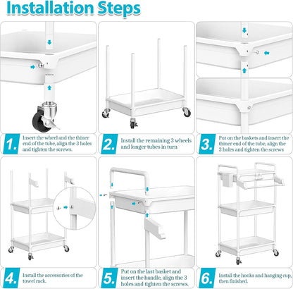 SPACEKEEPER Rolling Storage Cart, 4-Tier Bathroom Organizer Utility Cart Laundry Room Organization Mobile Shelving Unit with Towel Rack, Lockable Wheel, Hooks & Cup for Kitchen Bedroom Office, White