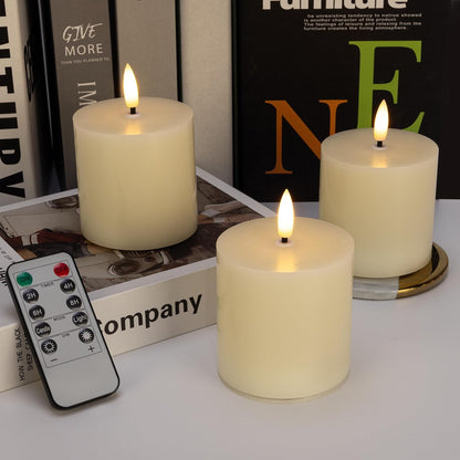 White Flameless Candles Set of 3 (3"x3") Battery Operated LED Pillar Candles with Remote and Timer, Real Wax Flickering Candles for Fireplace Bedroom Living Room Home Decor and Indoor Use
