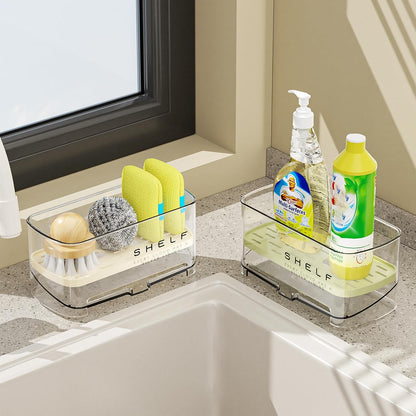 Sponge Holder for Kitchen Sink, Clear Acrylic Sink Organizer with Auto-Draining Tray, Countertop Sink Caddy for Sponges, Soap, Brush & Cleaning Tools