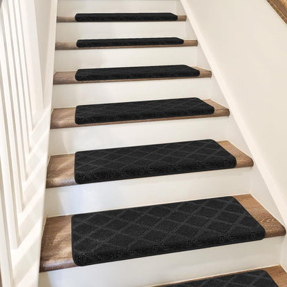 PURE ERA Carpet Stair Treads Tape Free Non Slip Indoor Stair Carpet Stair Protectors Pet-Friendly Non-Slip Skid Resistant Washable Reusable 8" x 30"(2 Pieces,Black)
