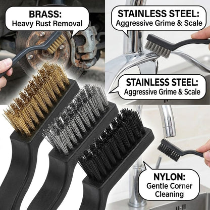 Stainless Steel Wire Brush Set, Kitchen Cleaning, Rust Removal, 3 Pcs | Stainless Steel Bristles, Rust-Resistant, Ergonomic Handle, 3 Assorted Sizes, Multi-Surface Safe