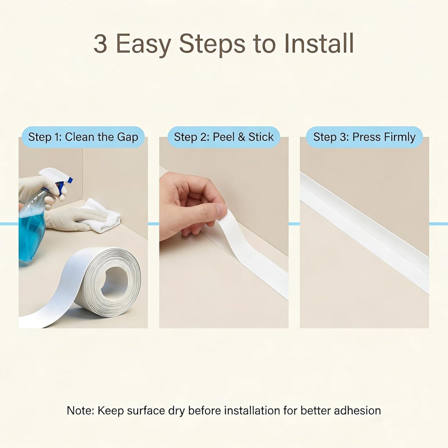 White Caulk Tape – Waterproof Sealant Strip for Bathroom, Shower, Bathtub, Kitchen Sink & Tile Gaps – Flexible, Paintable, Self-Adhesive, Long Lasting