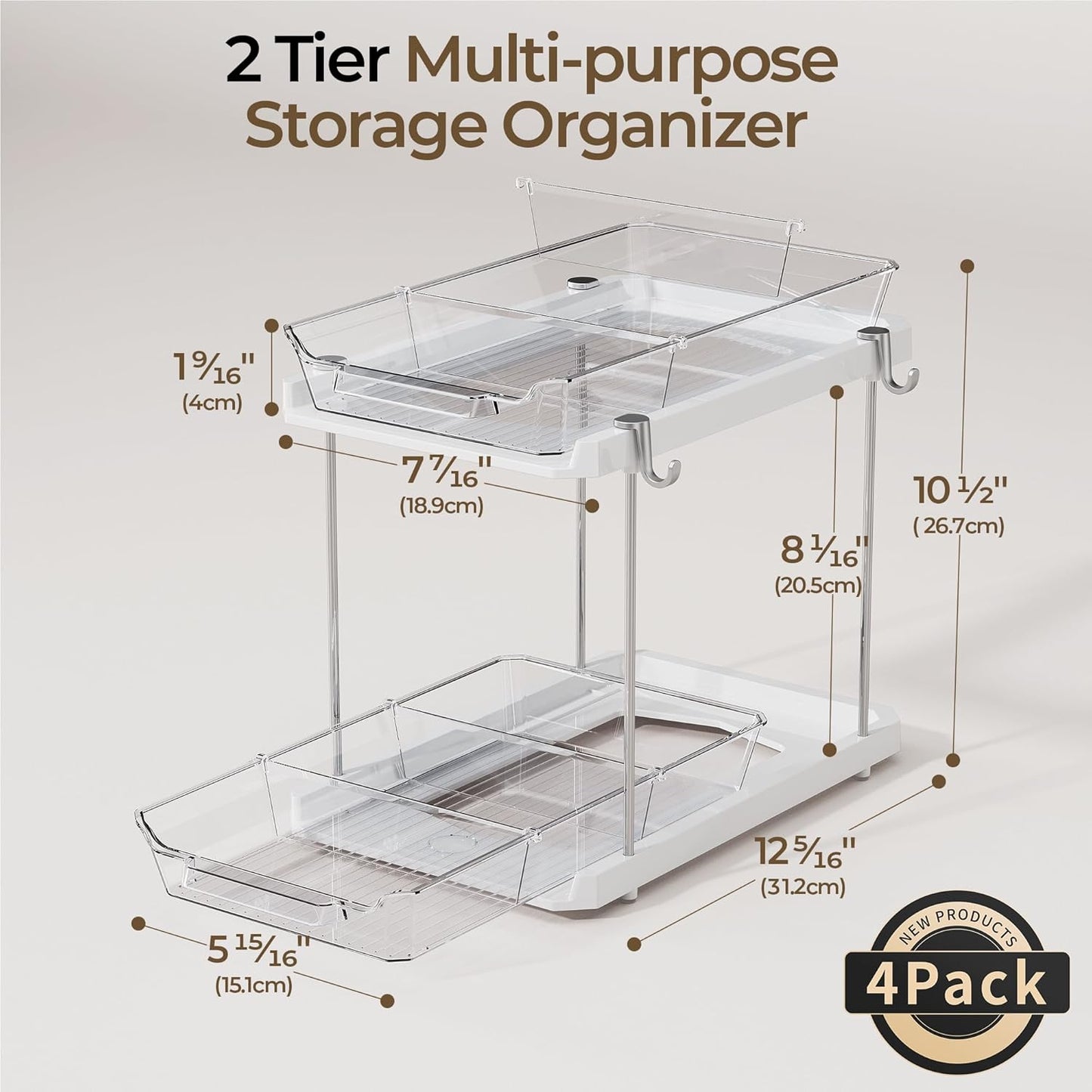 Delamu 2 Tier Under Sink Organizer Bathroom, Bathroom Cabinet Organizer with Snap-Lock Design and Hooks, Pull Out Storage with Movable Dividers, for Countertop, Kitchen and Pantry (Clear, 2 Pack)