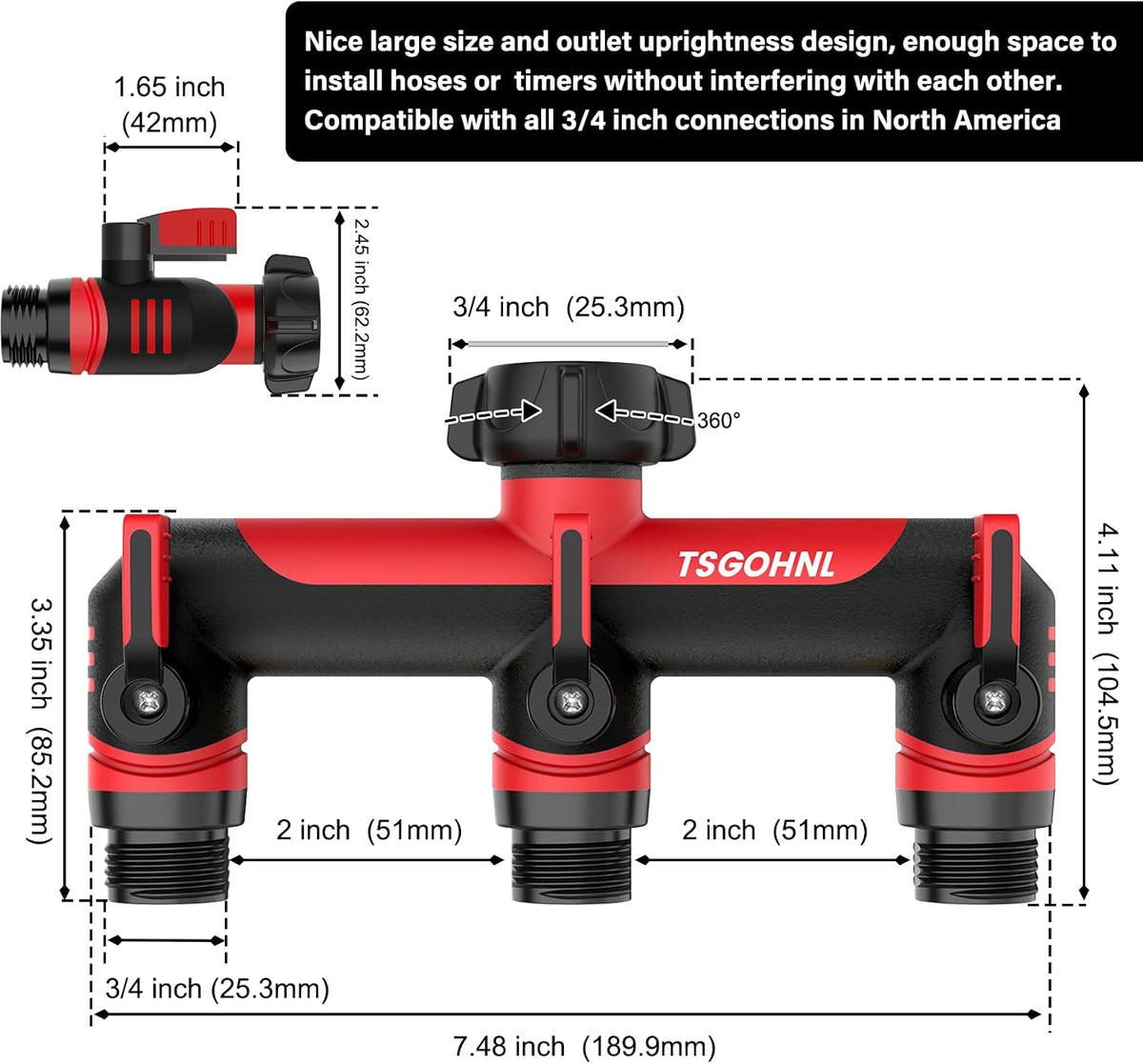 3 Way Garden Hose Splitter, High Flow Outdoor Faucet Splitter with 3 Independent Shut Off Valves, Wide Spacing for Timers, Standard 3/4" GHT for Lawn Yard Garden Watering