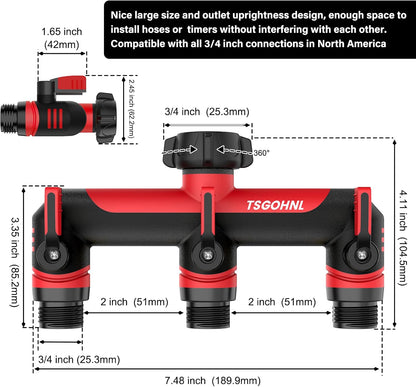 3 Way Garden Hose Splitter, High Flow Outdoor Faucet Splitter with 3 Independent Shut Off Valves, Wide Spacing for Timers, Standard 3/4" GHT for Lawn Yard Garden Watering