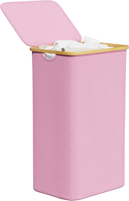 SpaceAid Double Laundry Hamper 2 Section with Lid and Removable Laundry Bags, 160L Clothes Basket with Bamboo Handles, Large Collapsible Hamper for Bedroom, Bathroom, Dorm, Laundry Room - White