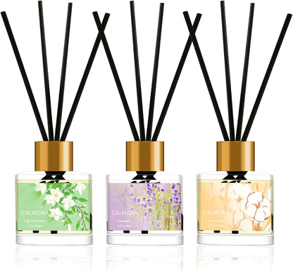CALMORA Reed Diffuser Gift Set of 3, 50ml Home Fragrance Diffuser with 15 Reeds Sticks | Flameless Lily & Jasmine/Lavender/Fresh Linen Scented Oil for Women, Mom, Housewarming