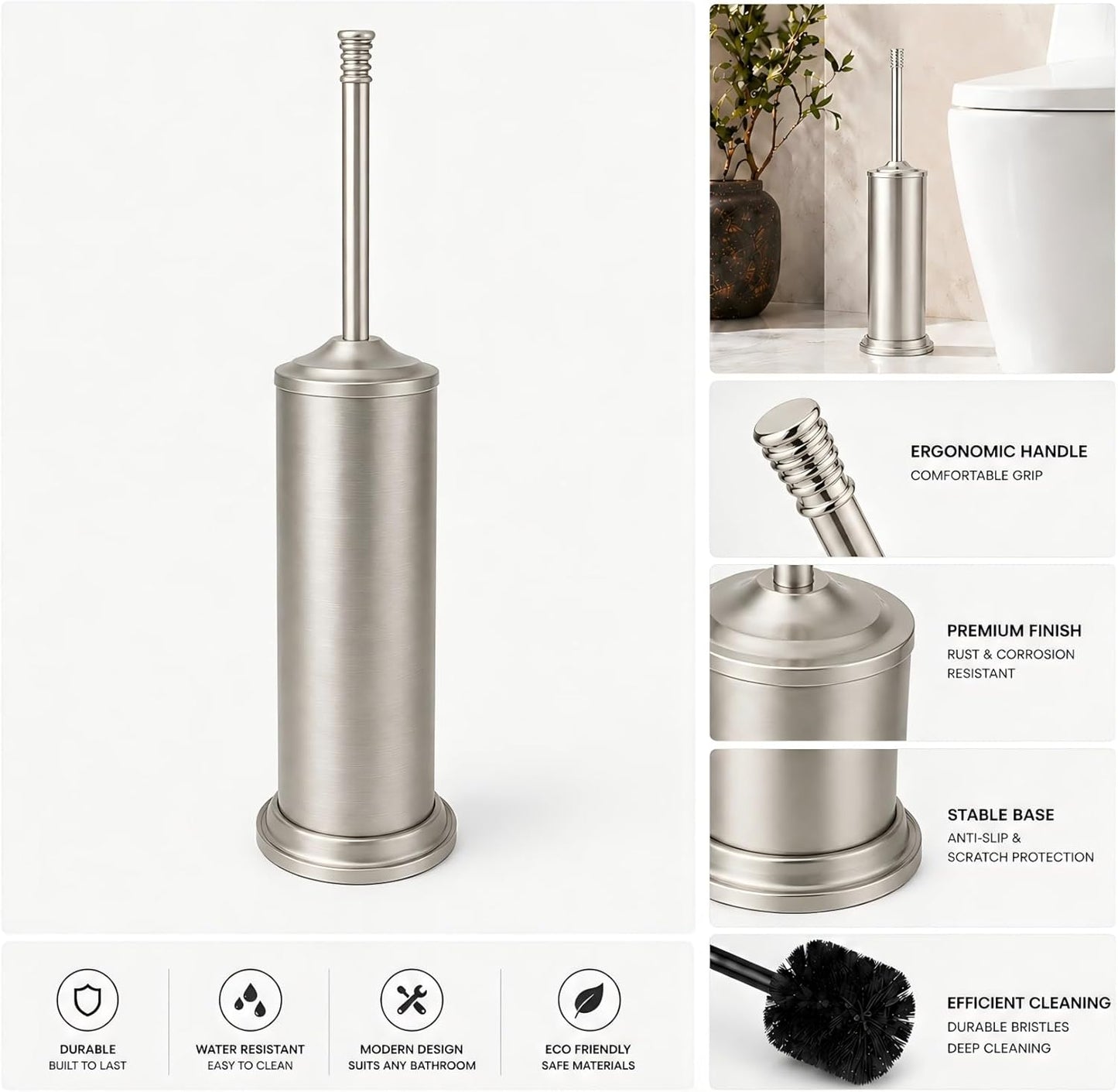 Nickel Toilet Brush and Holder Set，Extra Long Handled Toilet Bowl Brush and Holder，Stainless Steel Heavy Duty Toilet Brush for Bathroom,Deep Cleaning Modern Toilet Cleaner Slip Base