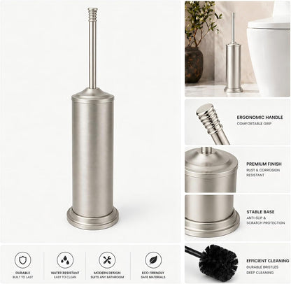 Nickel Toilet Brush and Holder Set，Extra Long Handled Toilet Bowl Brush and Holder，Stainless Steel Heavy Duty Toilet Brush for Bathroom,Deep Cleaning Modern Toilet Cleaner Slip Base