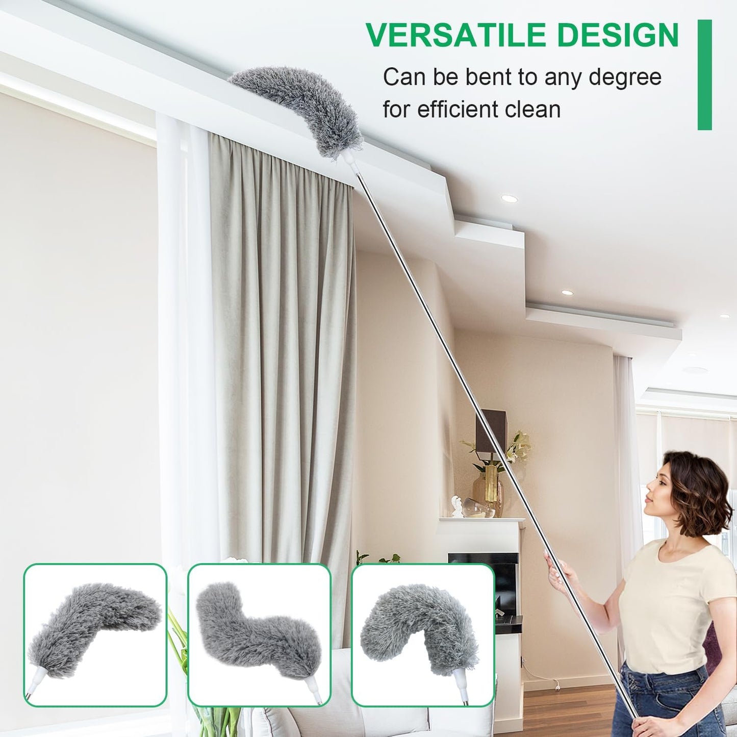 100" Extra-Long Microfiber Feather Duster, Extendable Pole Dusters, Telescoping Cobweb Duster for Cleaning, Bendable and Washable Microfiber Head, Cleaner for High Ceiling, Fan, Furniture