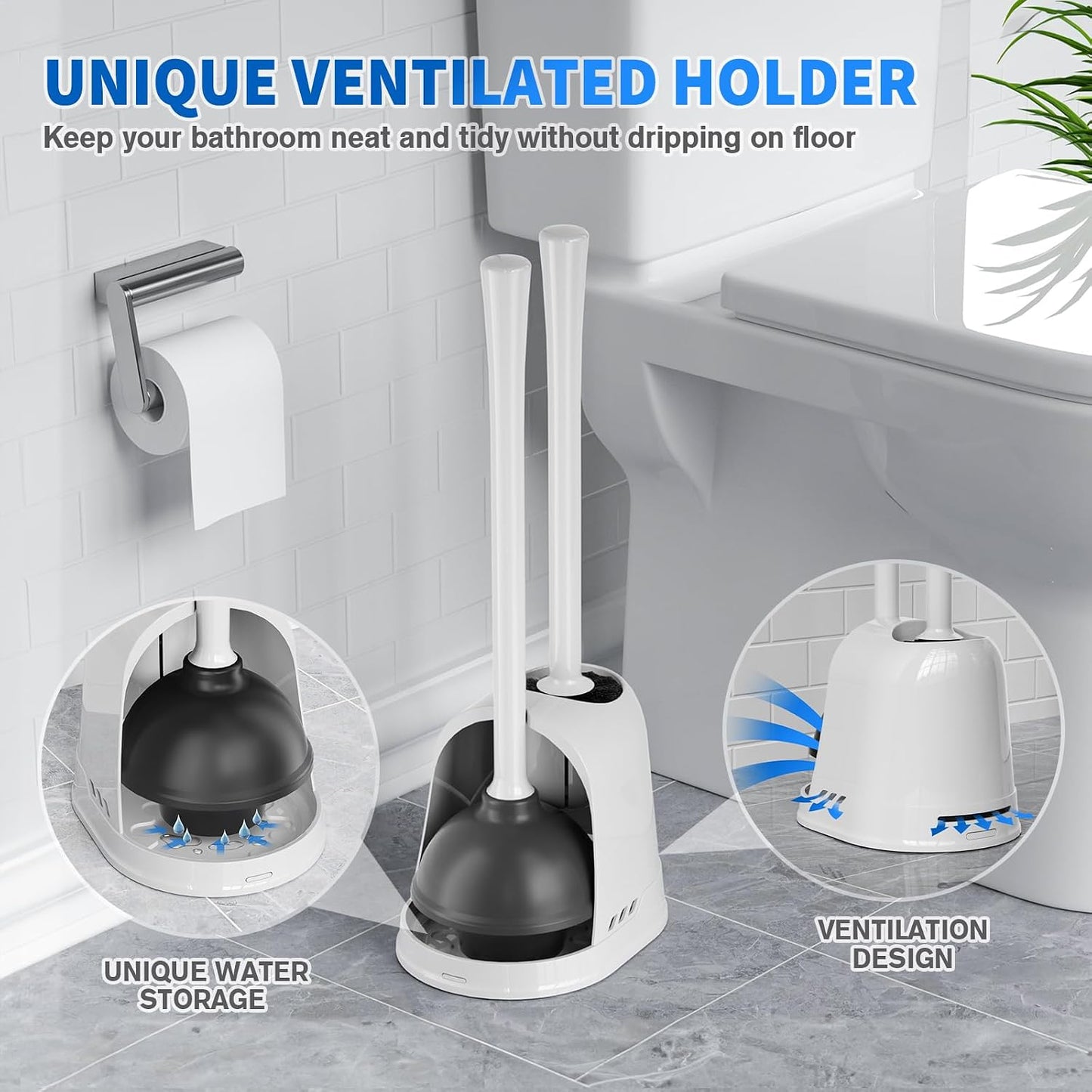 LOVLOY Toilet Plunger and Brush, Bowl Brush and Heavy Duty Toilet Plunger Set with Ventilated Holder, 2-in-1 Toilet Brush and Plunger Combo for 5.3-inch Toilet Drain Bathroom Cleaning (Black)