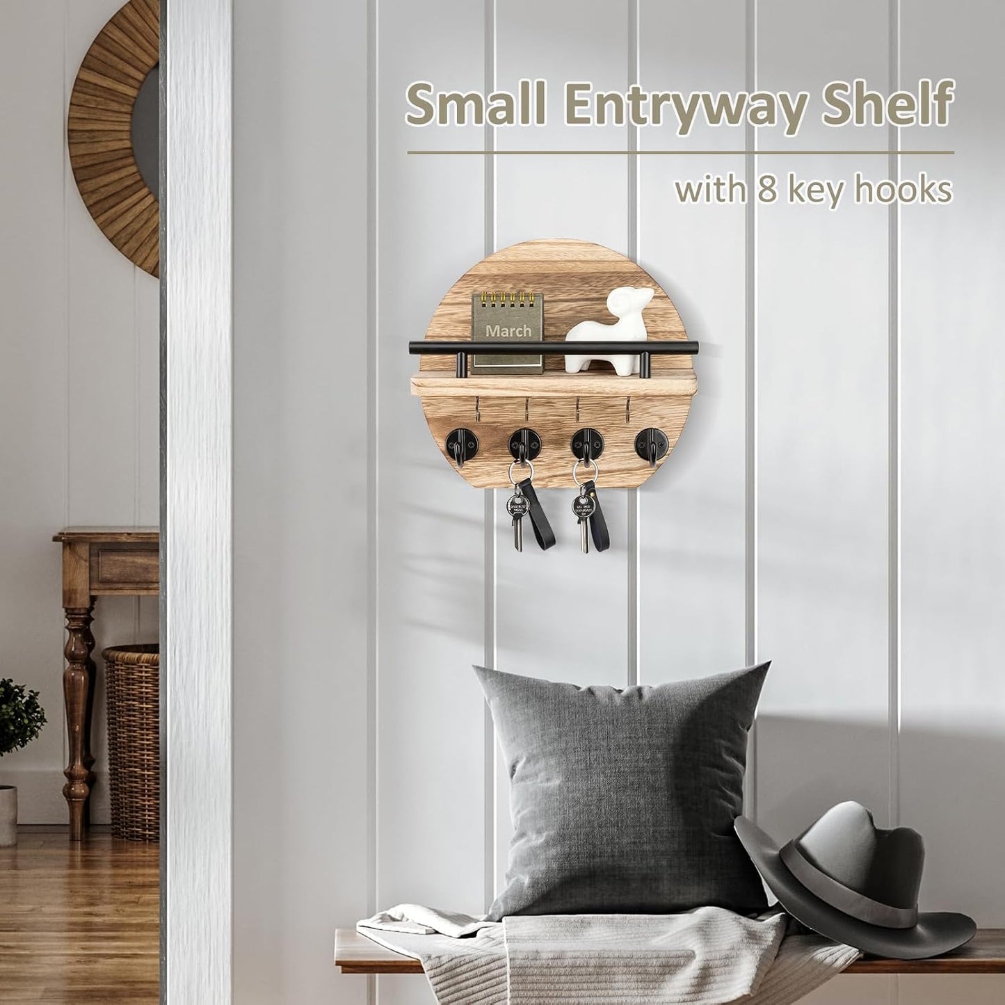 Nekon Key Holder for Wall - 9.8 Inch Apartment Wall Decor with Shelf and 8 Key Hooks, Circular Wood Key Hanger for Home Decor (Black with Golden Hooks)