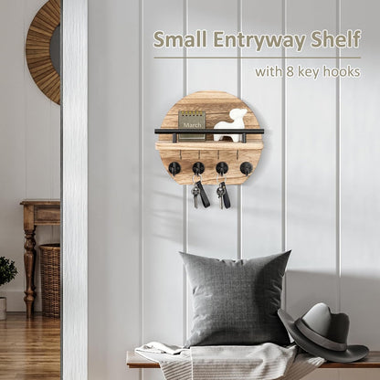 Nekon Key Holder for Wall - 9.8 Inch Apartment Wall Decor with Shelf and 8 Key Hooks, Circular Wood Key Hanger for Home Decor (Black with Golden Hooks)