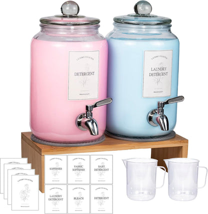 Large Liquid Laundry Detergent Dispenser with Spigots and Measuring Cups,108oz Leak-Proof Glass Fabric Softener,Reusable Glass Detergent Dispenser for Laundry Room Organizer and Storage(1)