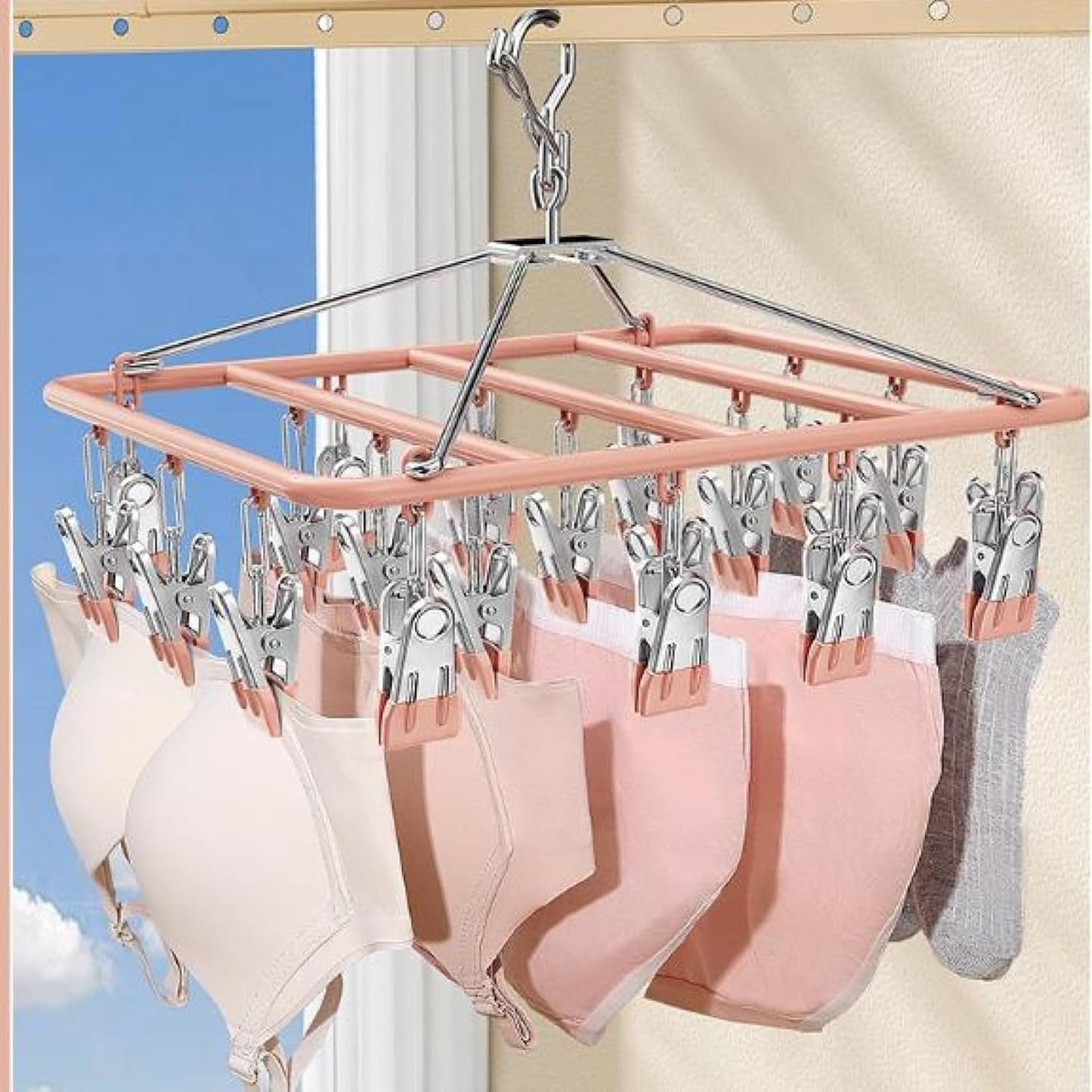 Drying Rack for Sock, Stainless Steel Sock Drying Rack with 23 Clips, Swivel Hook Windproof Hanger for Sock, Laundry, Hat, Scarf, Bras, Towel, Underwear, Pants, Gloves (White)