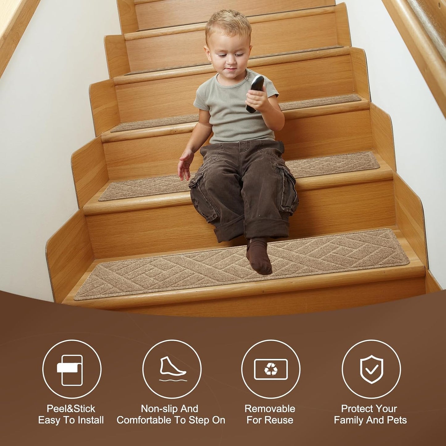 15 Pack 8 "X 30" Non-Slip Carpet Stair Treads for Indoor Wooden Steps, Made of Polyester and Reusable Adhesive, Suitable for Kids Elders and Pets（Black Lines）