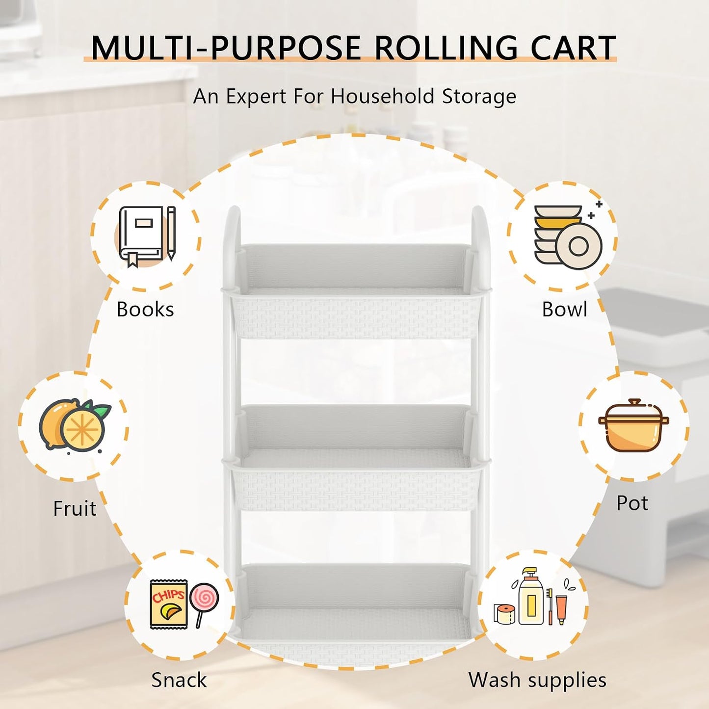 MOYIPIN 3-Tier Plastic Rolling Utility Cart with Handle,Utility Storage Cart for Office, Living Room, Kitchen,Movable Storage Organizer Shelves,White