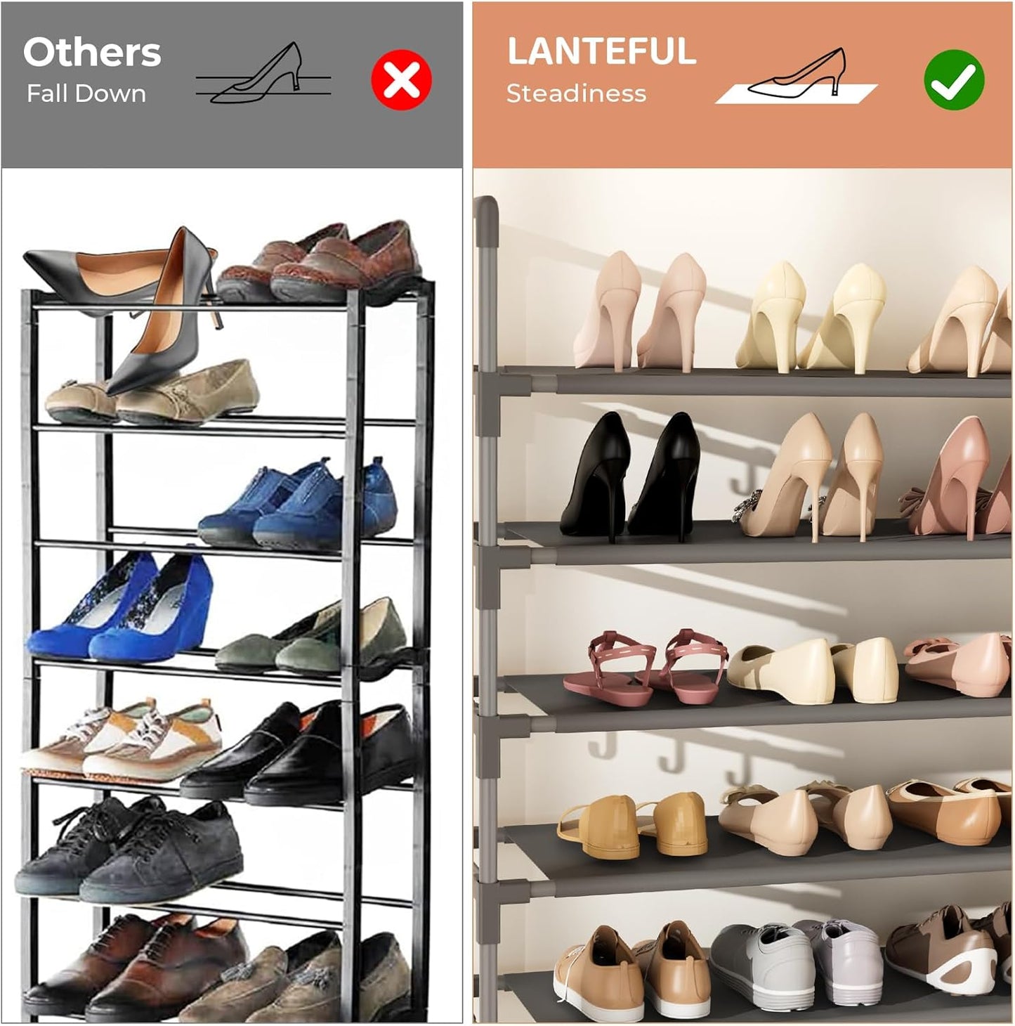 LANTEFUL 10 Tiers Tall Shoe Rack 20-25 Pairs Boots Organizer Storage Sturdy Narrow Shoe Shelf for Entryway, Closets with Hooks, Black