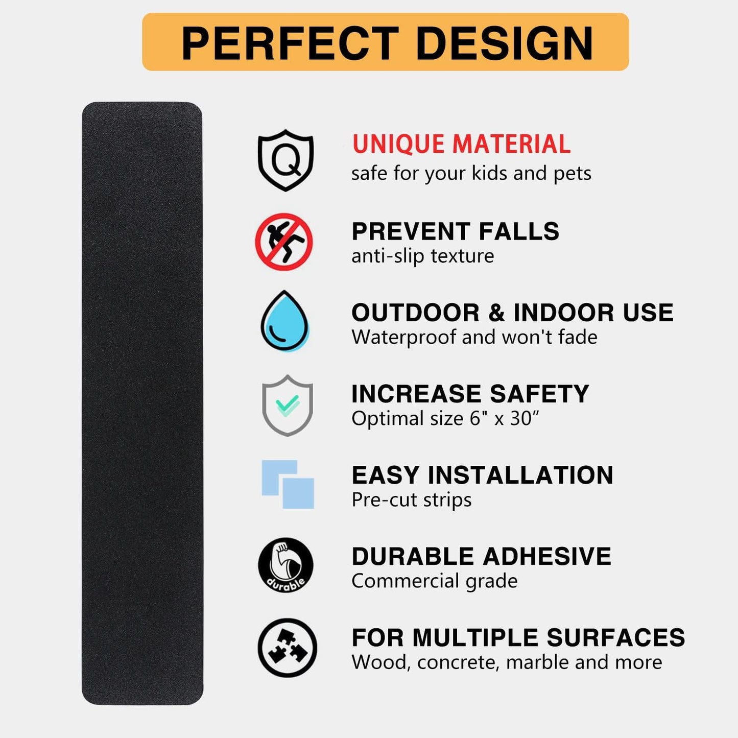 12 Pack Outdoor Stair Treads Non-Slip Pre-Cut 6" x 30" | Non Skid Grip Tape Black Anti Slip Safety Adhesive Strips for Steps, Staircase