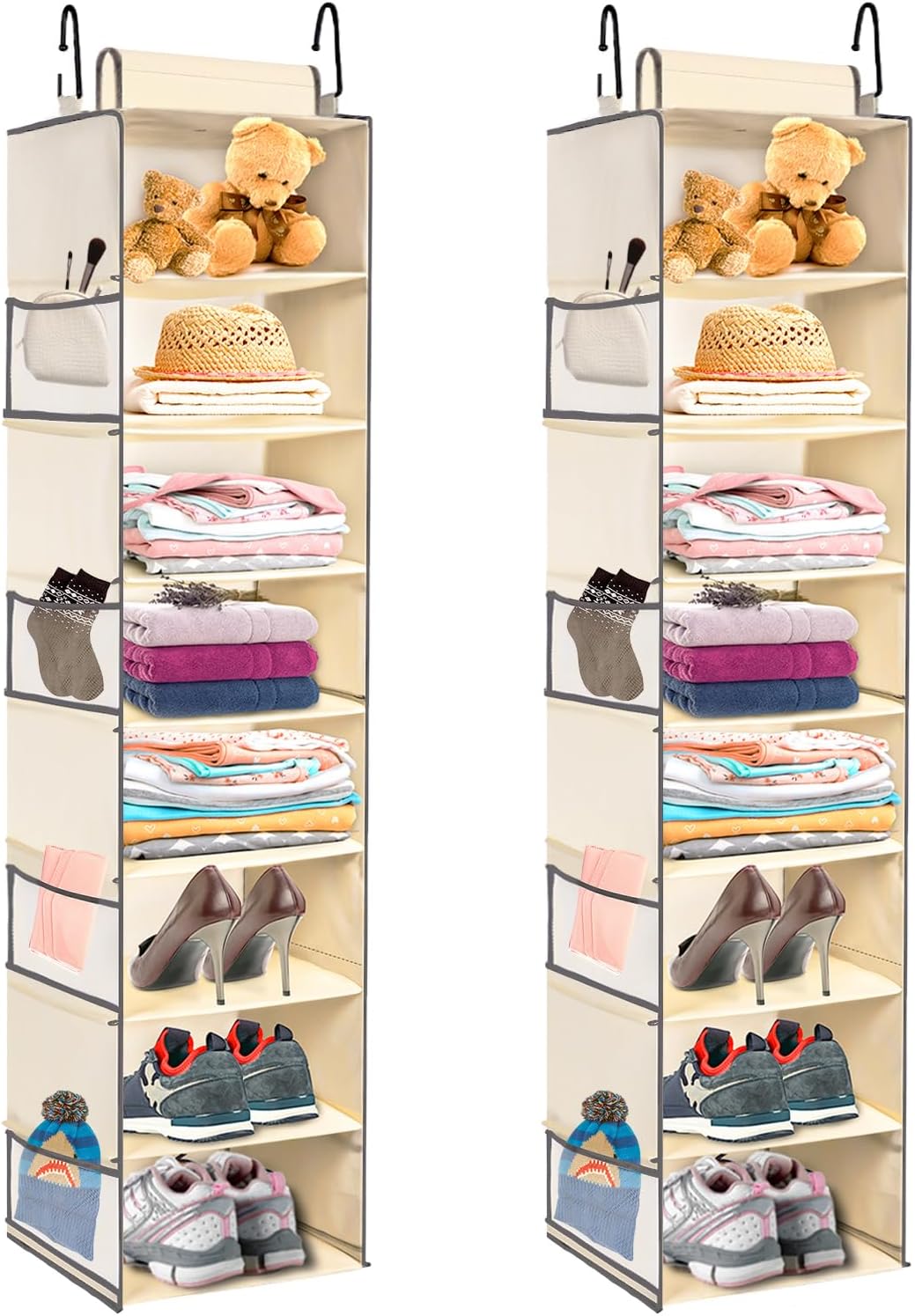 Large-Sized Hanging Shoe Organizer 8-Shelf, Hanging Closet Organizer with 8 Side Pockets, Wider Hanging Shelves for Storage Shoes Clothes 9" W × 11.8" D× 48" H, Grey