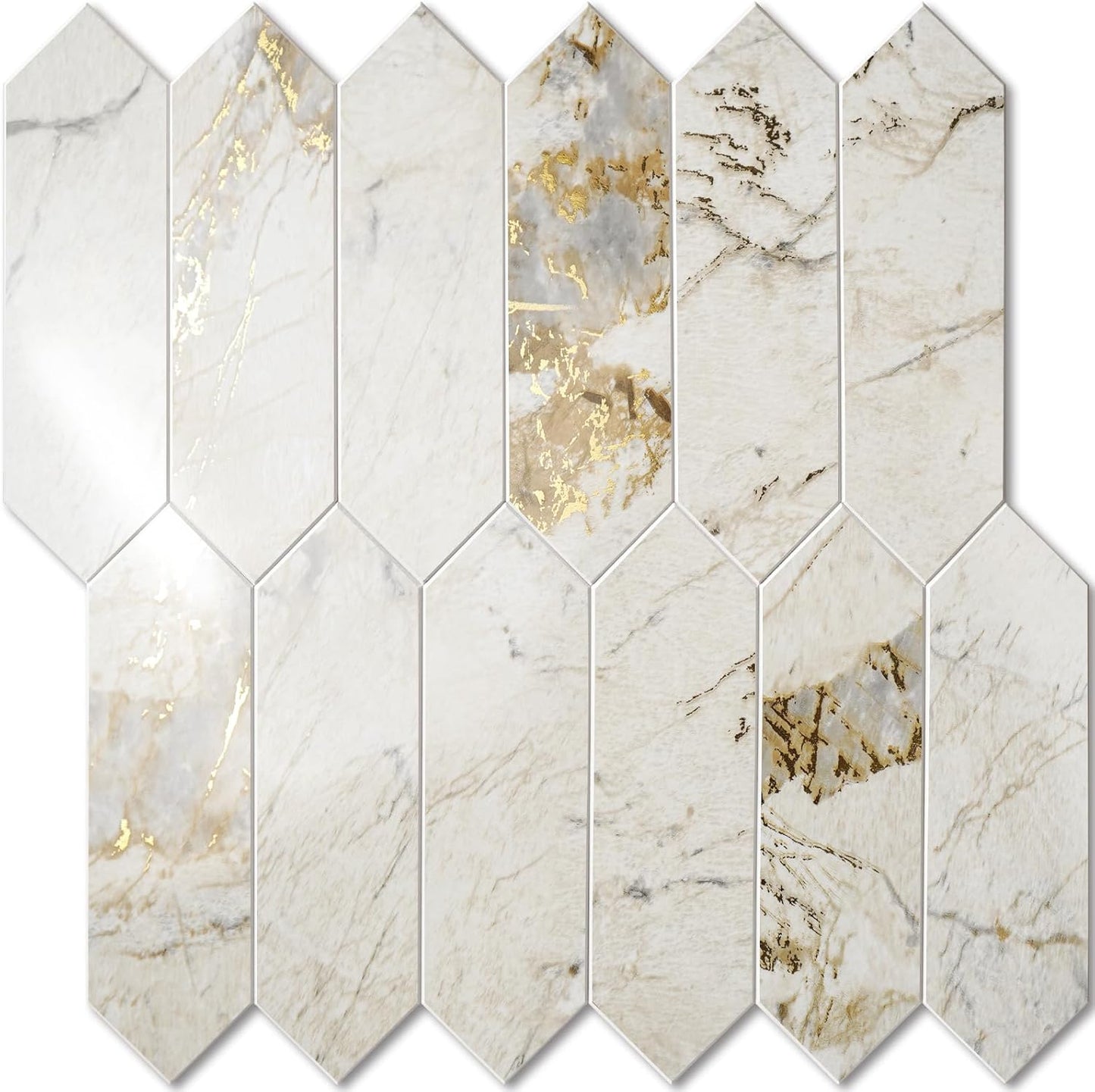 Vamos Tile Glossy Dolomite White Backsplash Tile Peel and Stick, 12.8 x 12.8 Inch 10 Sheets Long Hexagon PVC Self Adhesive Mosaic Wall Tiles Stick on Backsplash for Kitchen and Bathroom