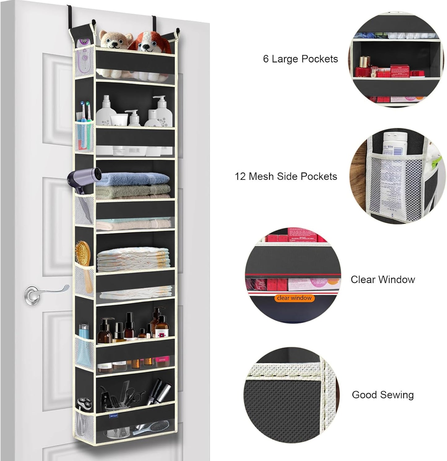 Over The Door Organizer 5-Shelves and 10 Side Pockets, Over The Door Storage for Bathroom Bedroom Nursery, Hanging Door Organizer for Baby Diapers and Kids Toys (13"x5"x44", Grey)