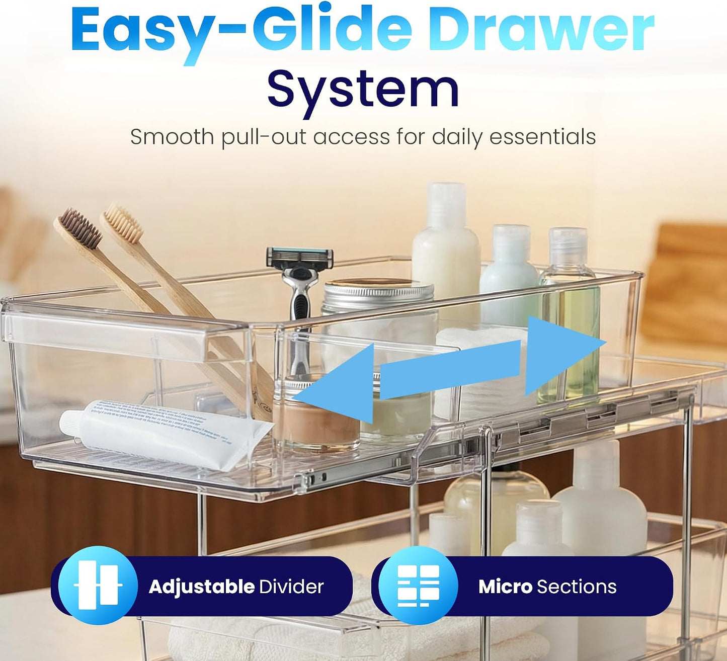 Masirs 2-Tier Clear Pull-Out Drawer Organizer - Sleek, Compact & Sturdy Makeup and Closet Organizer - Easy Assembly Kitchen Storage Solution, Ideal for Makeup, Tools, Medicines & Snacks