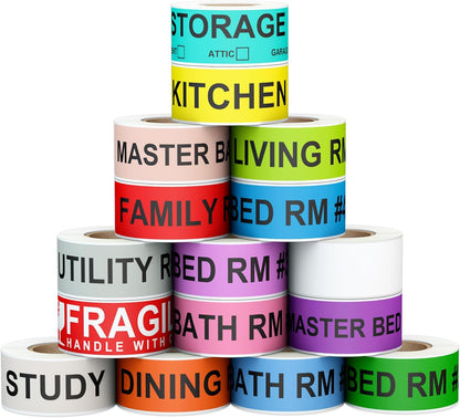 Kingtac 600 Writable Home Moving Stichers - 2' x 3', 20 Color-Coded Home Moving Packing Labels with Fragile, Extra, Heavy Options.Stick to Cardboard Boxes and Plastic Bins, No Extra Tape Needed