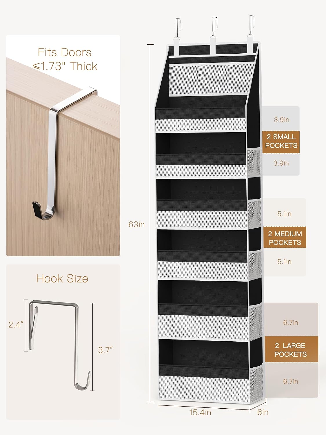 Criusia Over The Door Organizer, Heavy-Duty 6-Shelf Hanging Storage with 13 Mesh Pockets, 55lbs Capacity Behind The Door Storage for Nursery, Bathroom, Bedroom, and Dorm, Grey