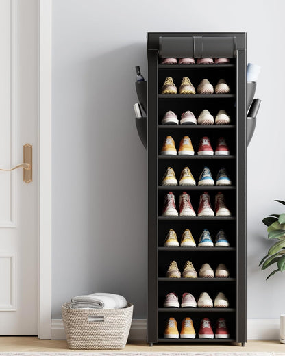 Kitsure Shoe Rack - 10-Tier Large Capacity Shoe Organizer Shelf with Dust Cover & Side Pockets, Rust-Proof Metal Shoe Rack for Closet, Entrance, Living Room, 17.5" x 12.4" x 69.3", Black