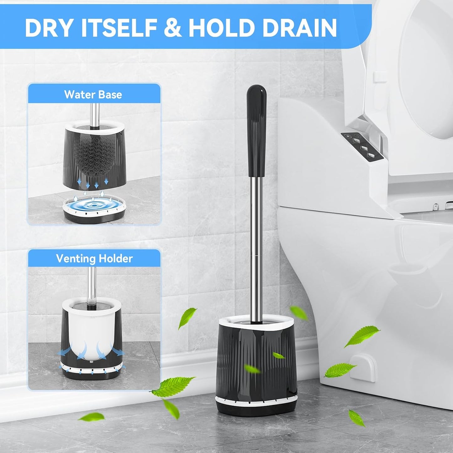TRENTI Toilet Brush and Holder Set - Bristles Bowl Brush Head with Ventilated Holder, Wall Mounted Compact Set for Bathroom Deep Cleaning