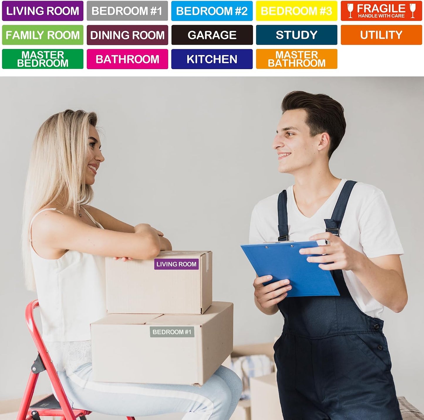 140 Pcs Home Moving Color Coding Labels, Livingroom, Bedroom, Kitchen, Dining Room, Bathroom Label, 14 Spaces Sticker/Sheet（10 Sheets） 1×4 Inch