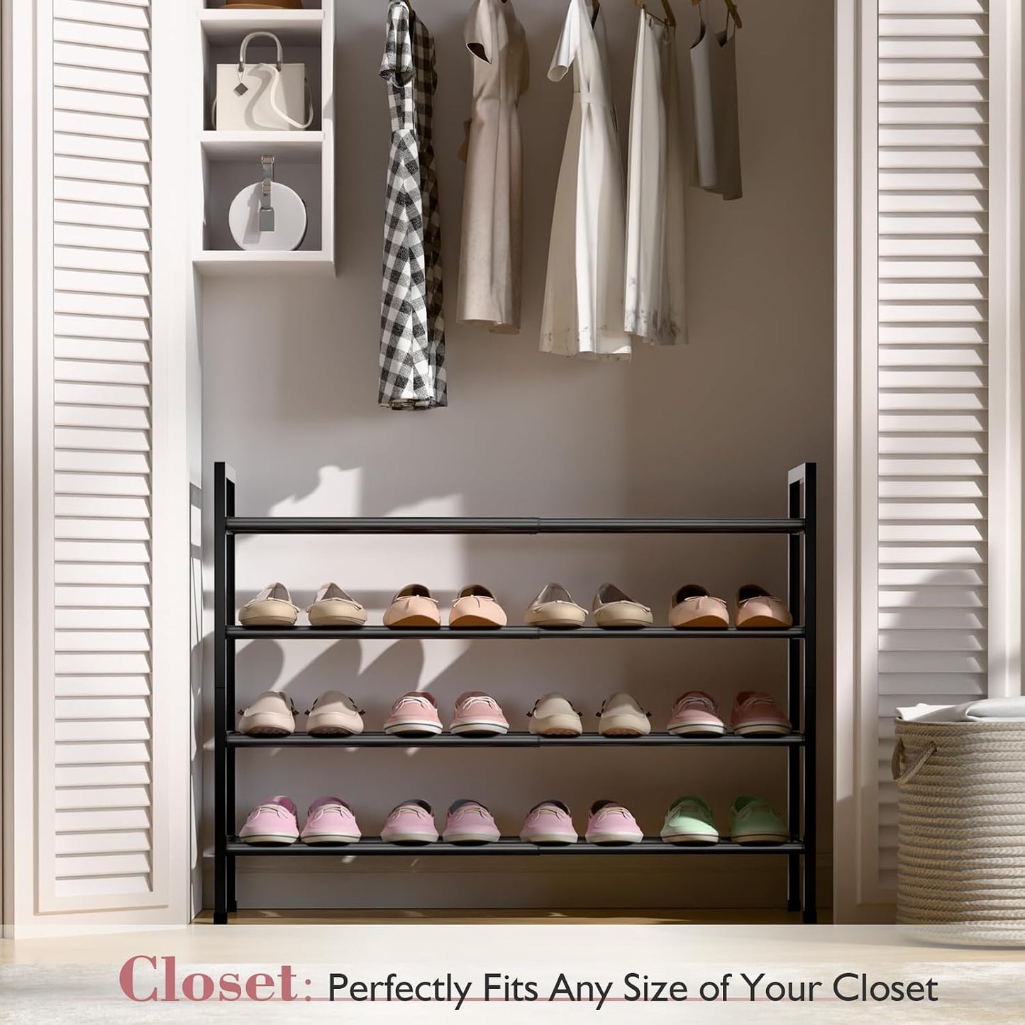 Bumusty 3-Tier Expandable Shoe Rack for Closet, 18“-33” Adjustable Shoe Rack for Small Space, Small Shoe Organizer for Front Door, Sturdy Metal, Black